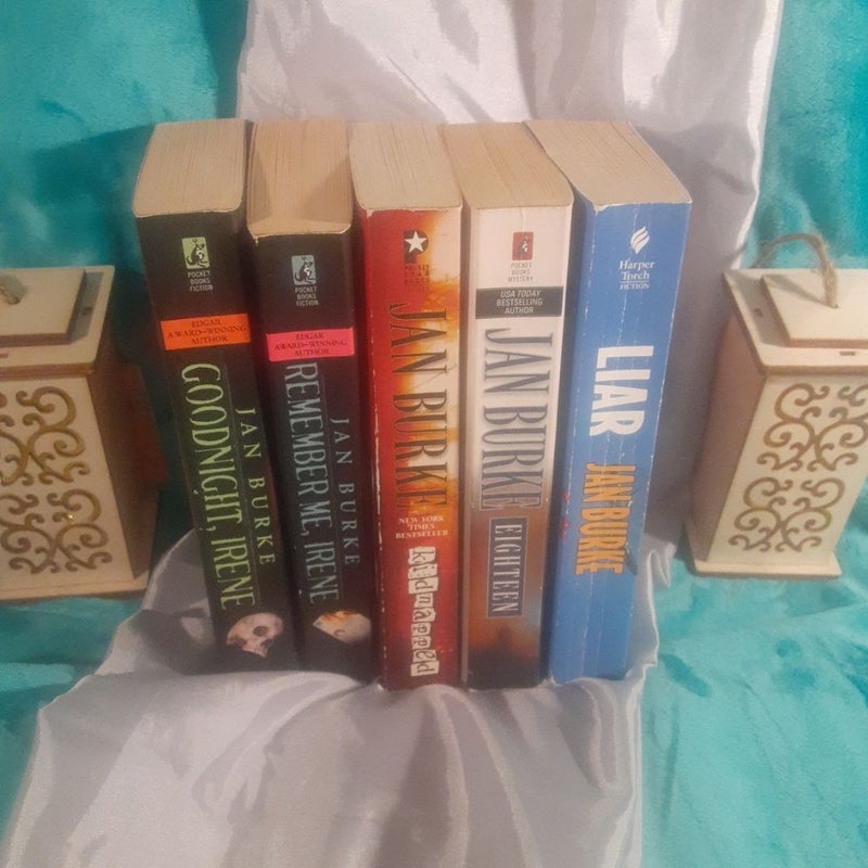 5 Jan Burke Irene Kelly mystery books, Kidnapped, Eighteen, Goodnight, Remember Me, Liar