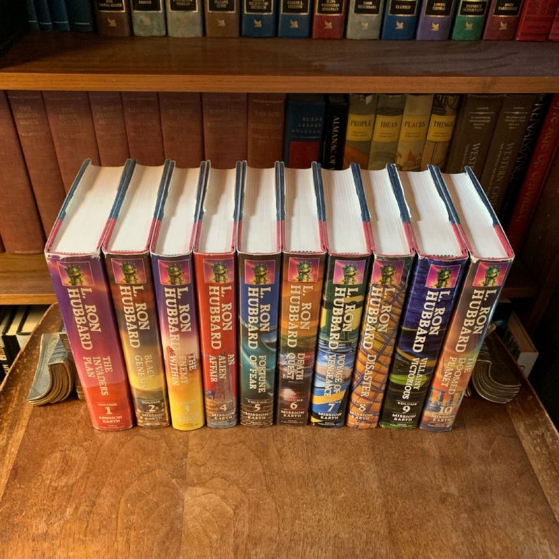 Complete Mission Earth First Edition Dekalogy , Books 1-10: The Invaders Plan, Black Genesis, The Enemy Within, An Alien Affair, Fortune of Fear, Death Quest, Voyage of Vengeance, Disaster, Villianious Victory, The Doomed Planet 