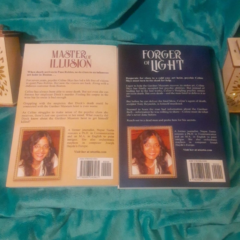 2x A Celine Skye Psychic Mystery book lot by Nupur Tustin! trade paperback, Forger of Light, Master of Illusion
