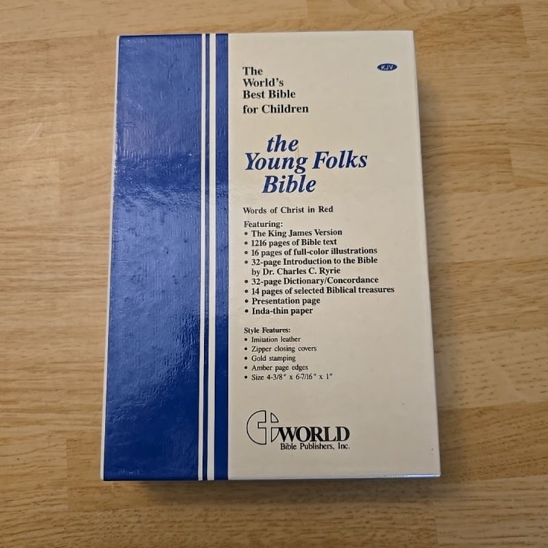 Holy Bible KJV Young Folks Text Illustrated, World, White Faux Leather Zippered, Amber page edges, Dictionary and Concordance