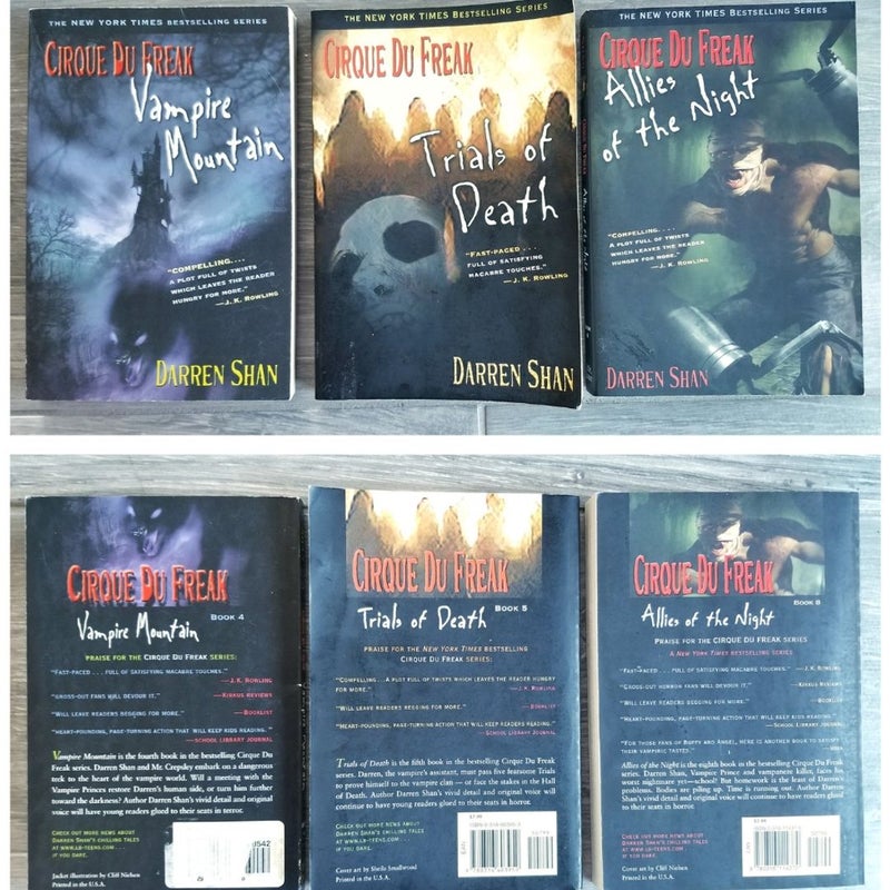 3 CIRQUE DU FREAK DARREN SHAN Y.A. HORROR BOOKS VAMPIRE MOUNTAIN, TRIALS OF DEATH, ALLIES OF THE NIGHT