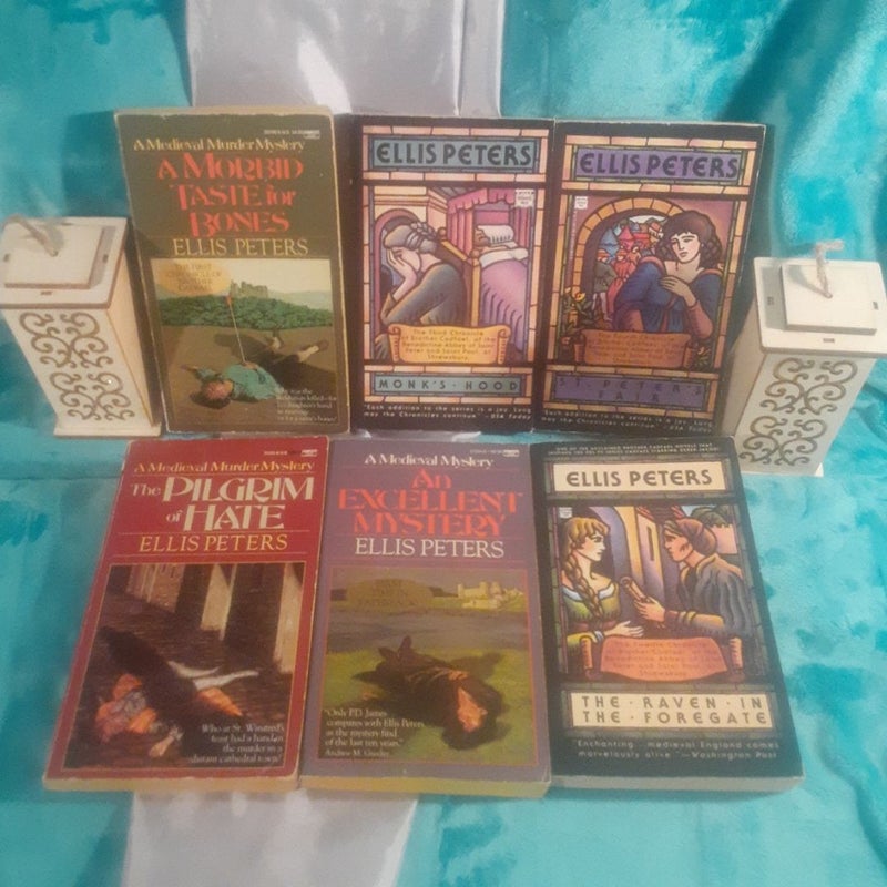 A Brother Cadfael Mystery book set by Ellis Peters, near complete set - 16 out of 21 books!  A Morbid Taste for Bones, Monk's Hood, St. Peter's Fair,
The Sanctuary Sparrow, The Pilgrim of Hate,
An Excellent Mystery, Raven in the Foregate, The Rose Rent,
The Hermit of Eyton Forest, The Confession of Brother Haluin,
The Heretic's Apprentice, The Potter's Field, The Summer of the Danes, The Holy Thief, Brother Cadfael's Penance, A Rare Benedictine