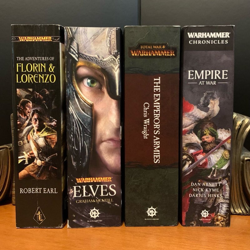 Warhammer Fantasy Omnibus Set: The Adventure of Florin & Lorenzo, Elves, The Emperor’s Armies, Empire at War: Contains the Novels: The Burning Shore, Wild Kingdoms, Savage City, Defenders of Ulthuan, Sons of Ellyrion, Guardians of the Forest, Sword of Vengeance, Sword of Justice, Riders of the Dead, Grimblades, Warrior Priest, Swords of the Empire, and many short stories