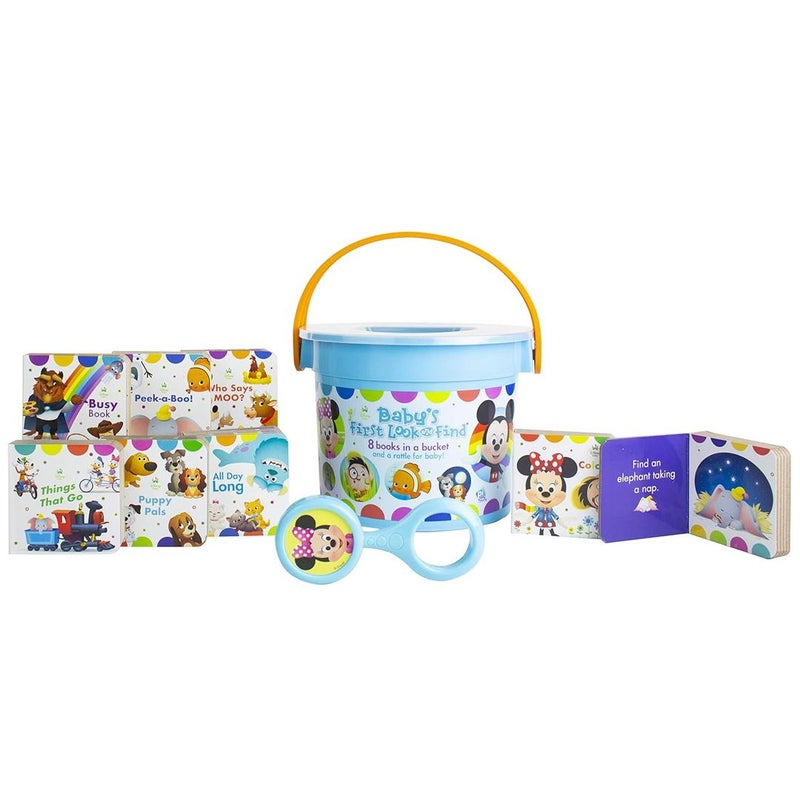Disney Baby’s First Look and Find Board Book in a Bucket, NEW, 8 Books & Rattle