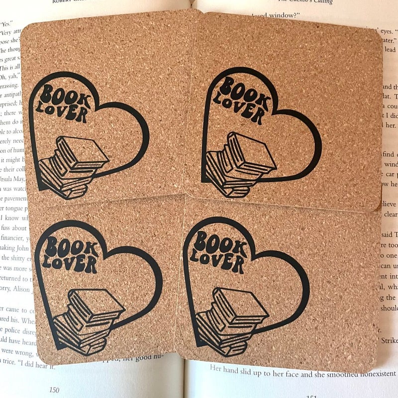 Book Lover Cork Coasters Gift Set of 4 