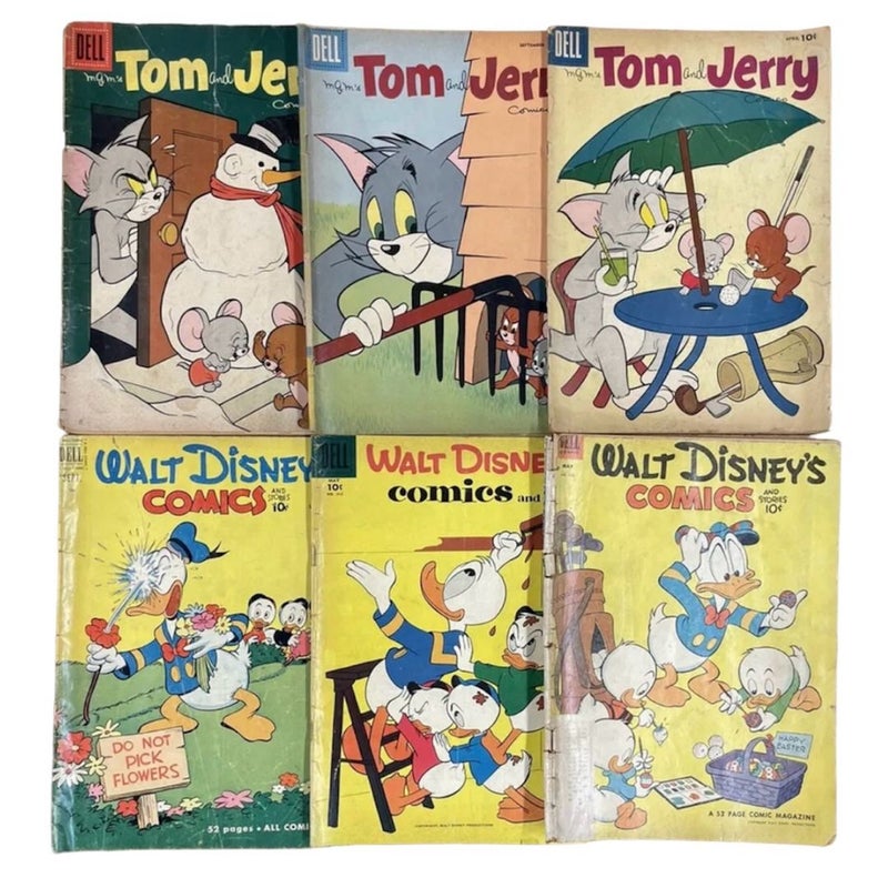 Lot of 6 Vintage Kids Comic Books 1950s Walt Disney and Tom & Jerry