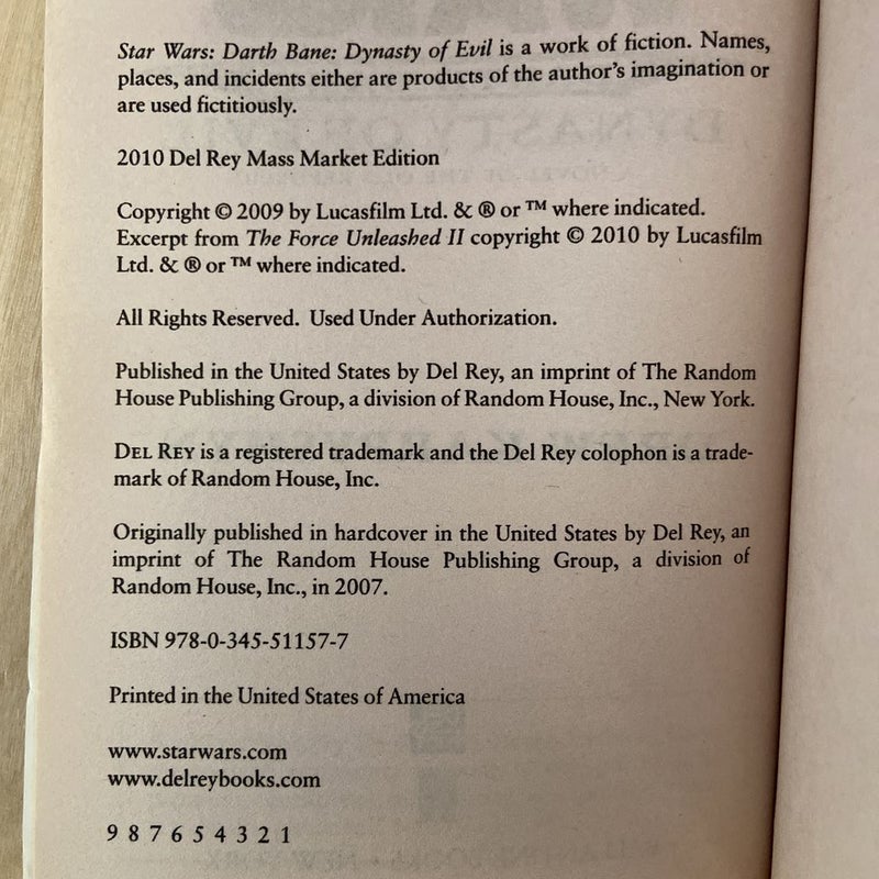 Star Wars Darth Bane: Dynasty of Evil (First Paperback Edition First Printing-Darth Bane Series)