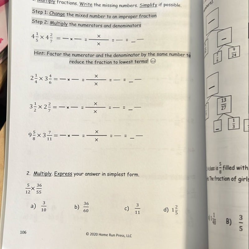 Math Success Practice Workbook Fractions 4th 5th 6th Grades