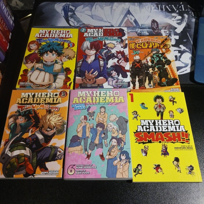 My Hero Academia: Team-Up Missions, Vol. 1, 2, 3, MHA Smash vol1, Mha school brifs vol 6, and bnha movie pamphlet 