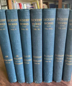 Partial set Works of Charles Dickens - Our Mutual Friend, Martin Chuzzlewit (part 1), Nicholas Nickleby (part 1), Bleak House (part 2), Barnaby Rudge (part ), American Notes Reprinted Pieces