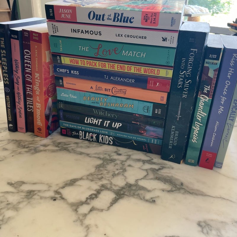 ARCS Out of the blue, Infamous, The Love Match, How to pack for the end of the world, Chef’s kiss, A Little bit country, Beauty and the Besharam, the witchery, Light it up, The days of bluegrass love, The black kids, the sleepless, nothing sung and nothing spoken, queen of the tiles, kings of b’more, forging silver into stars, the chandler legacies, kiss her once for me, epically earnest 