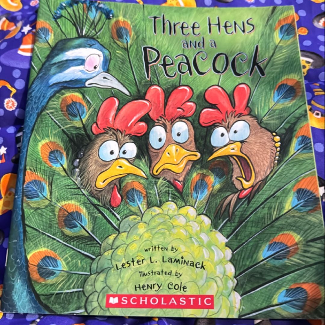 Three Hens and a Peacock