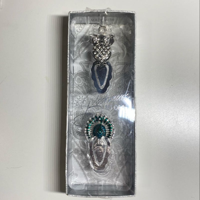 Silver Metal Bookmarks Real Crystals Owl and Peacock