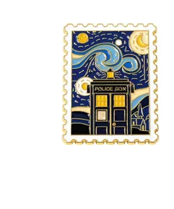 Van Gogh Doctor Who Oil Painting Alloy Brooch For Men, Exquisite Star Castle Stamp Shape Badge 