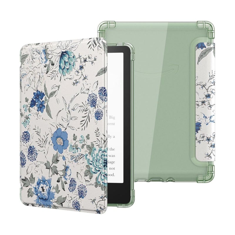 White Blue Floral 6” Kindle Case with Clear Back