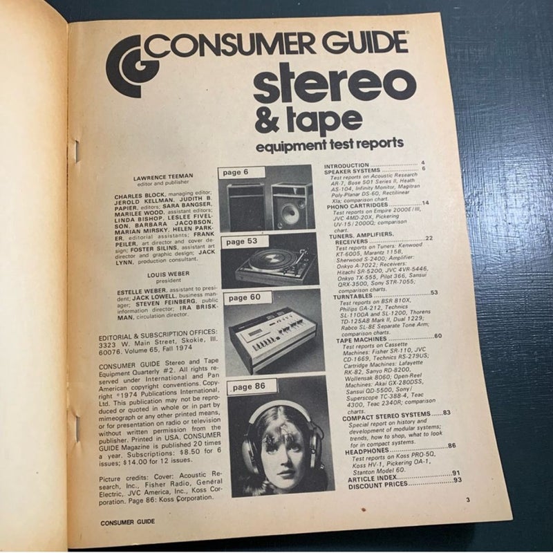 Consumer Guide Stereo & Tape Equipment Test Reports Magazine Fall 1974
