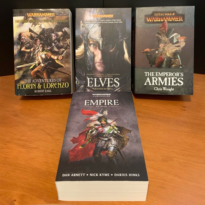 Warhammer Fantasy Omnibus Set: The Adventure of Florin & Lorenzo, Elves, The Emperor’s Armies, Empire at War: Contains the Novels: The Burning Shore, Wild Kingdoms, Savage City, Defenders of Ulthuan, Sons of Ellyrion, Guardians of the Forest, Sword of Vengeance, Sword of Justice, Riders of the Dead, Grimblades, Warrior Priest, Swords of the Empire, and many short stories