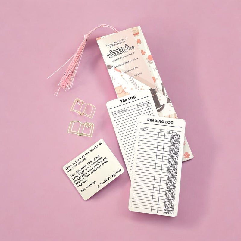 Book Lover’s Bookmark Pouch – TBR and Reading Log Set with Cats & books valentine heart design, Bookish Paperclips and Sticker