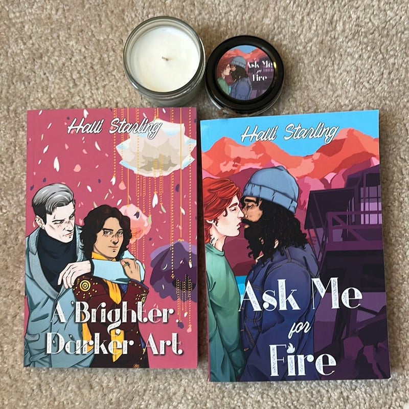 Ask Me For Fire / A Brighter, Darker Art paperback bundle with matching candle!