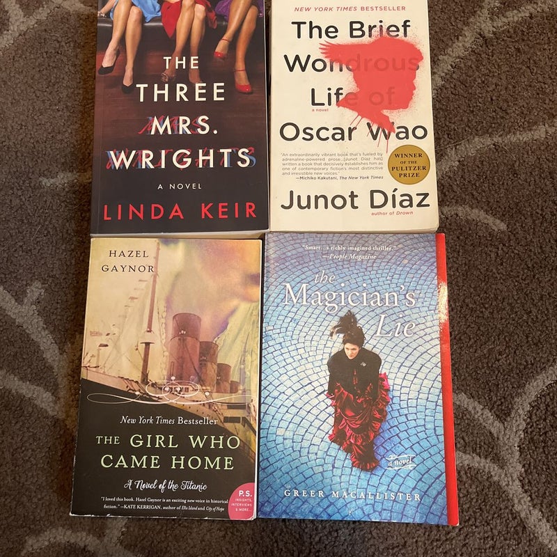 Bundle of 4 novels: The Brief Wondrous Life of Oscar Wao,  The Three Mrs. Wrights, The Magician’s Lie, The Girl who Came Home