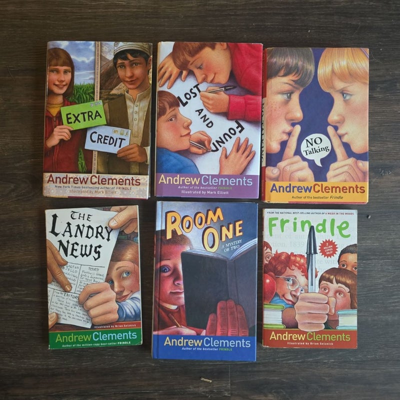 Andrew Clements Lot: Frindle, Extra Credit, Lost and Found, No Talking, The Landry News, and Room One