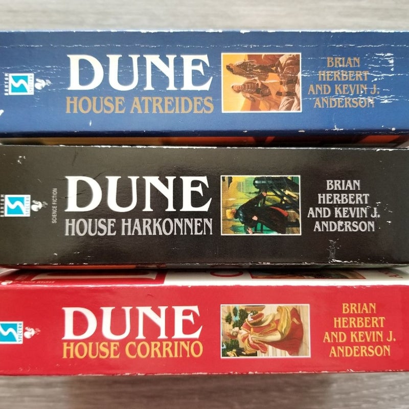 DUNE TRILOGY BY FRANK HERBERT: ATREIDES, HARKONNEN, CORRINO VTG. 2001-2002 BOOKS