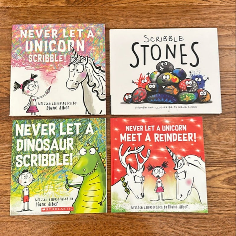 Lot/Bundle of 7 Diane Alber Books (Scribble Stones, Splatter, Never Let a Dinosaur/Unicorn Scribble, Never Let a Unicorn Meet a Reindeer, etc)