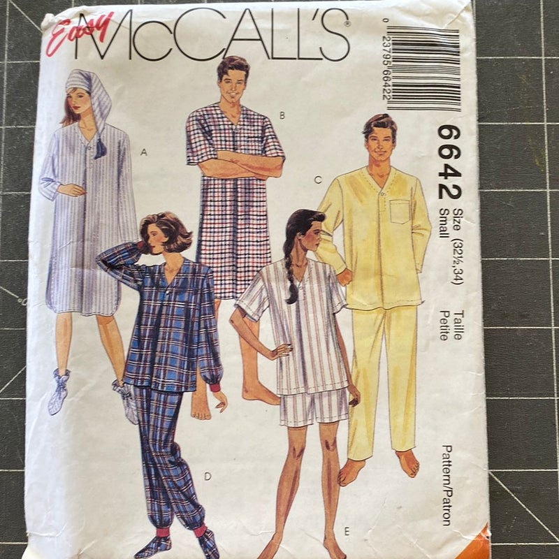 McCall’s 6642 Unisex Nightshirt and Pajamas Sewing Pattern Size Small