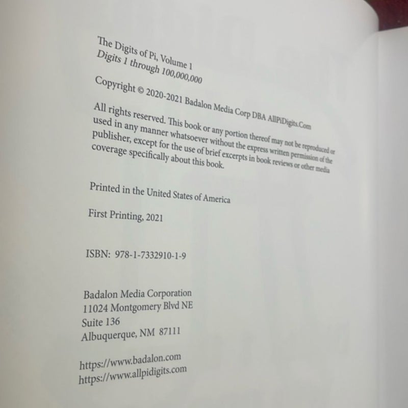 The Digits of Pi: Digits 1 Through 100,000,000  - Volume 1 (2021 Badalon Media Corp.)