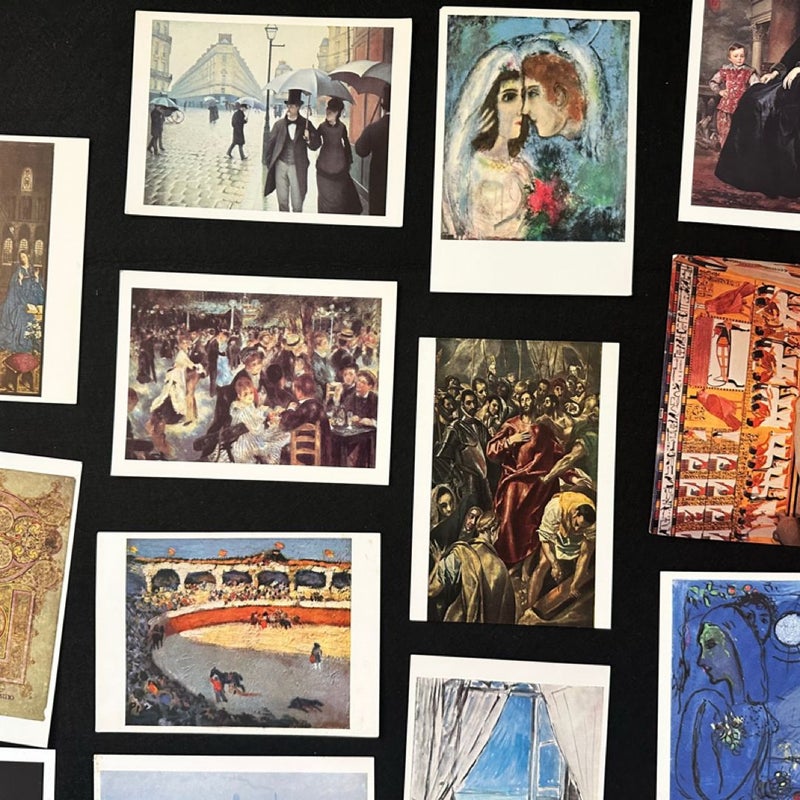 Set of 17 vintage postcards featuring artworks from the 20th century,