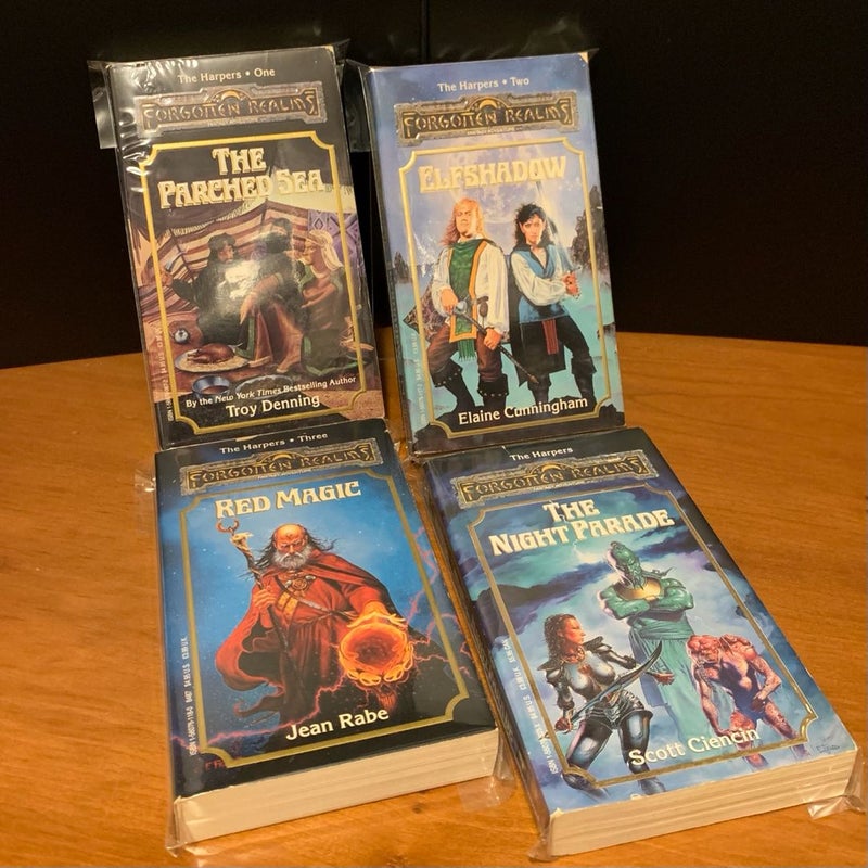 Vintage First Edition Forgotten Realms: Harpers Series 1-4: The Parched Sea, Elfshadow, Red Magic, Night Parade