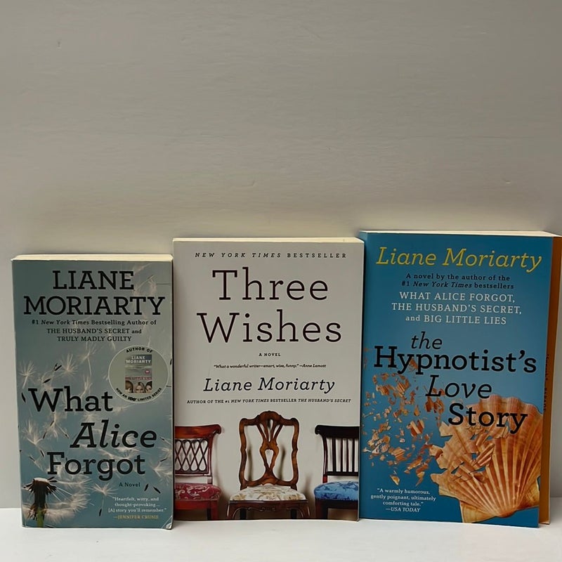 Liane Moriarty (3 Book) Bundle: What Alice Forgot, Three Wishes, & The Hypnotist’s Love Story 