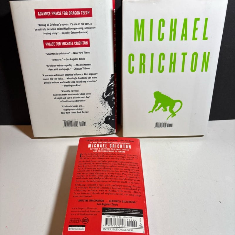 Michael Crichton Book Lot. 2 HC 1st Edition Excellent w/DJ, One Paperback Good