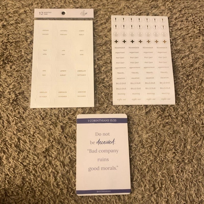 Pack of bible verse cards, 12 monthly tabs, and scheduling stickers 