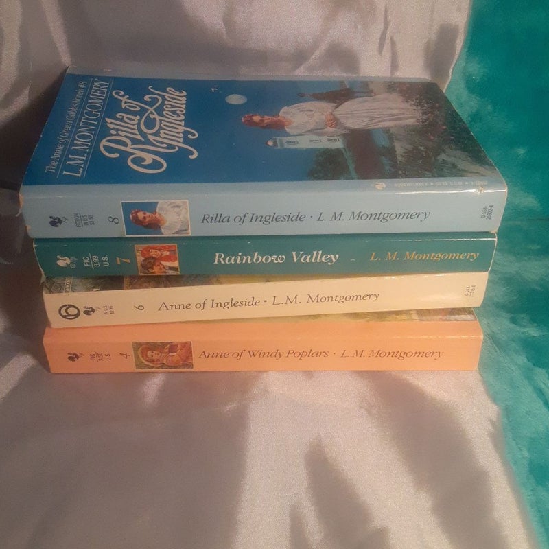 4 Anne of Green Gables book lot by LM Montgomery. mass market paperbacks. 

 
# 4 Anne of Windy Poplars - cover crease 
#  
#6 Anne of Ingleside =)
#7 Rainbow Valley =) cover crease 
#8 Rilla of Ingleside