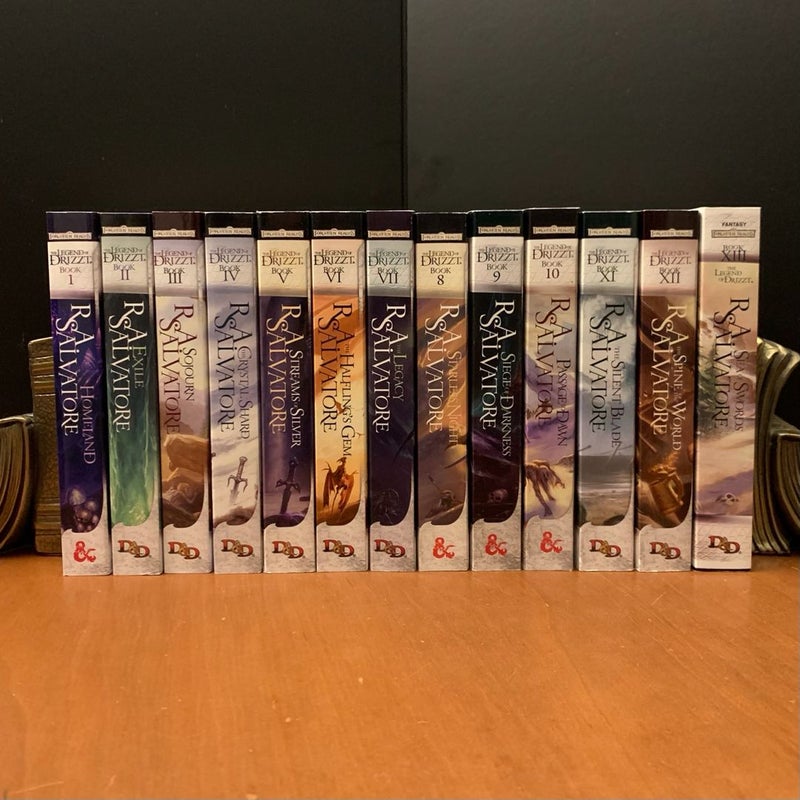 Legend of Drizzt 1-13: 4 Complete Series, Dark Elf, Icewind Dale, Legacy of the Drow, Paths of Darkness: Homeland, Exile, Sojourn, The Crystal Shard, Streams of Silver, The Halfling’s Gem, The Legacy, Starless Night, Siege of Darkness, Passage to Dawn, The Silent Blade, The Spine of the World, Sea of Swords