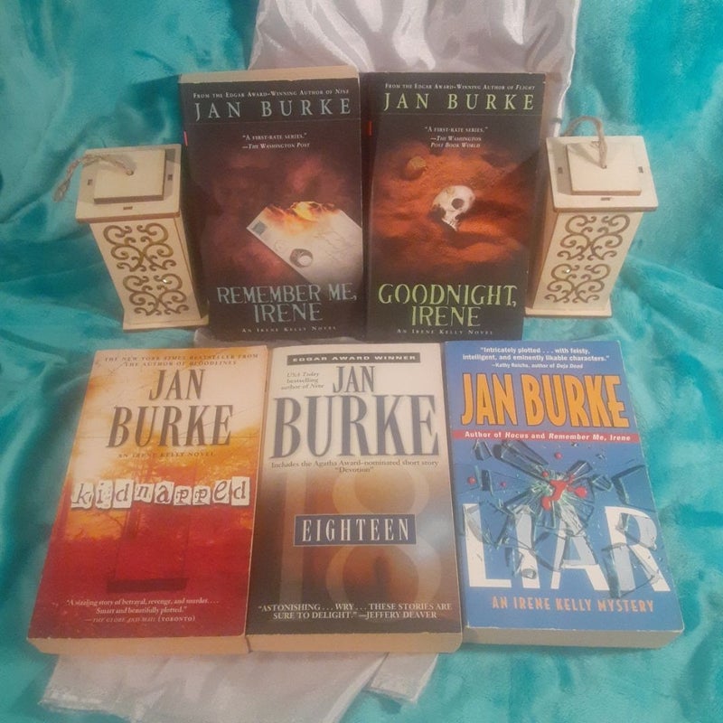 5 Jan Burke Irene Kelly mystery books, Kidnapped, Eighteen, Goodnight, Remember Me, Liar
