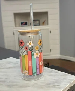 Book lover glass cup with straw 
