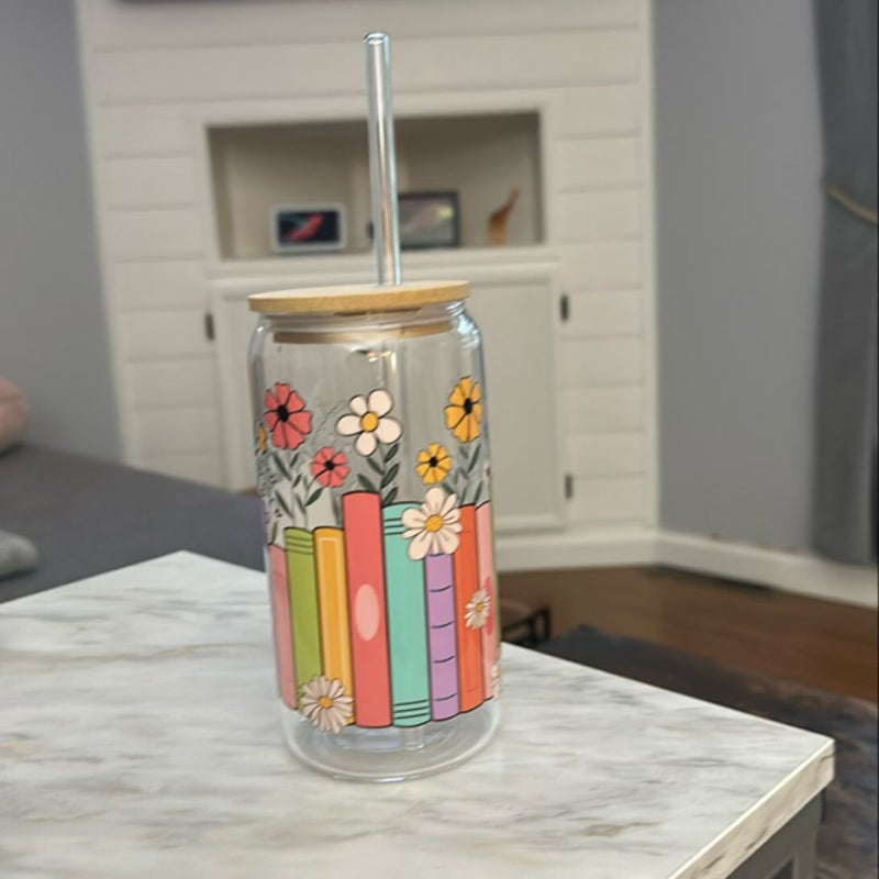 Book lover glass cup with straw 