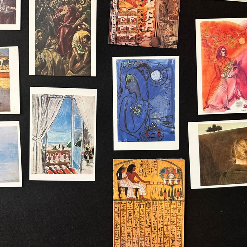 Set of 17 vintage postcards featuring artworks from the 20th century,