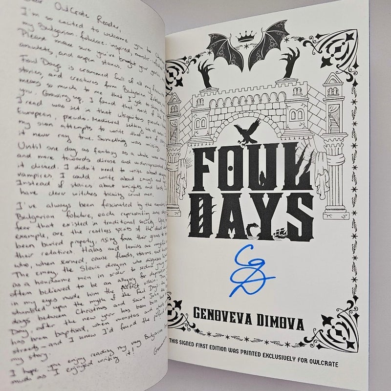 Foul Days SIGNED by Genoveva Dimova OwlCrate FIRST Edition Foiled Hardback Sprayed Edges Endpaper Art