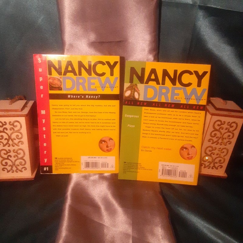 2 Aladdin Nancy Drew paperback books, Dangerous Plays & Super Mystery: Missing