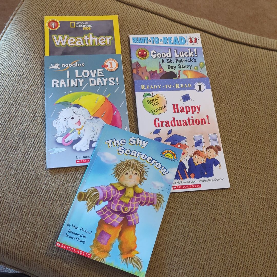 5 Book Bundle! Level 1 Readers: Shy Scarecrow, Happy Graduation, I Love Rainy Days, Good Luck, Weather
