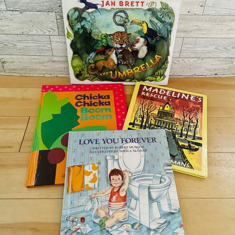 Children’s Book Bundle-Lot of 4; Love You Forever, The Umbrella, Madeline’s Rescue, Chicka Chicka Boom Boom