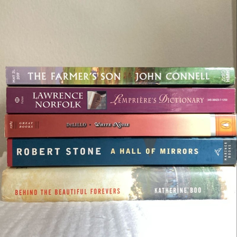 5 for 5 Bundle: Behind the Beautiful Forevers, The Farmer’s Son, Lempiere’s Dictionary, White noise, A Hall of Mirrors