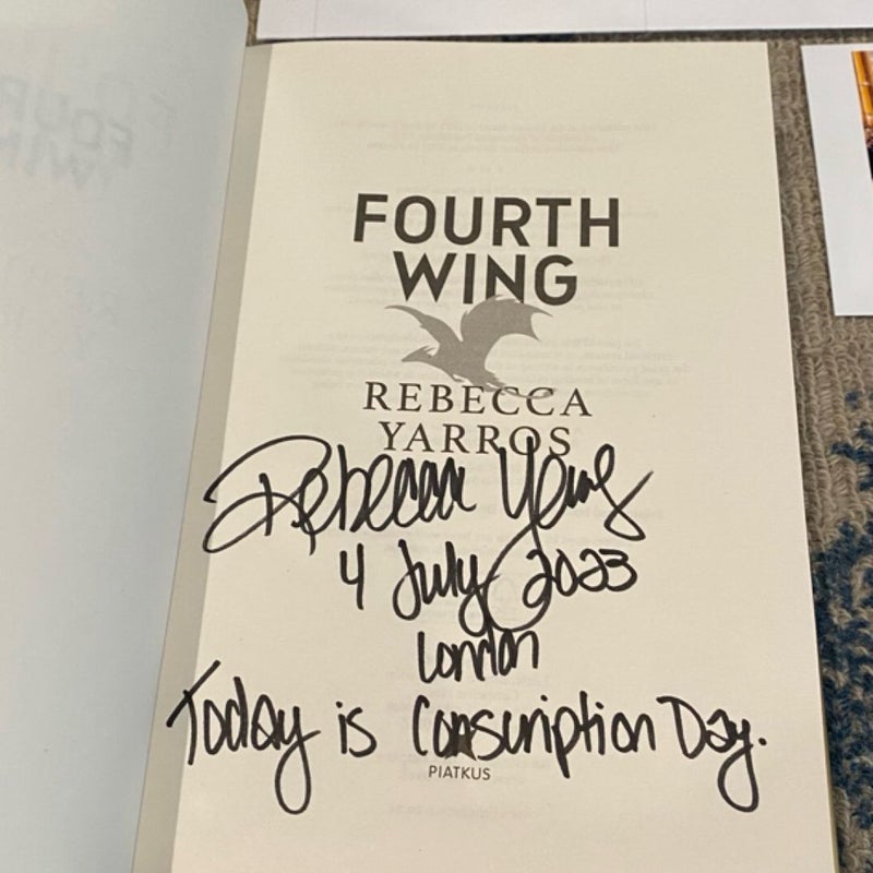 Signed UK edition Fourth Wing by Rebecca Yarros 