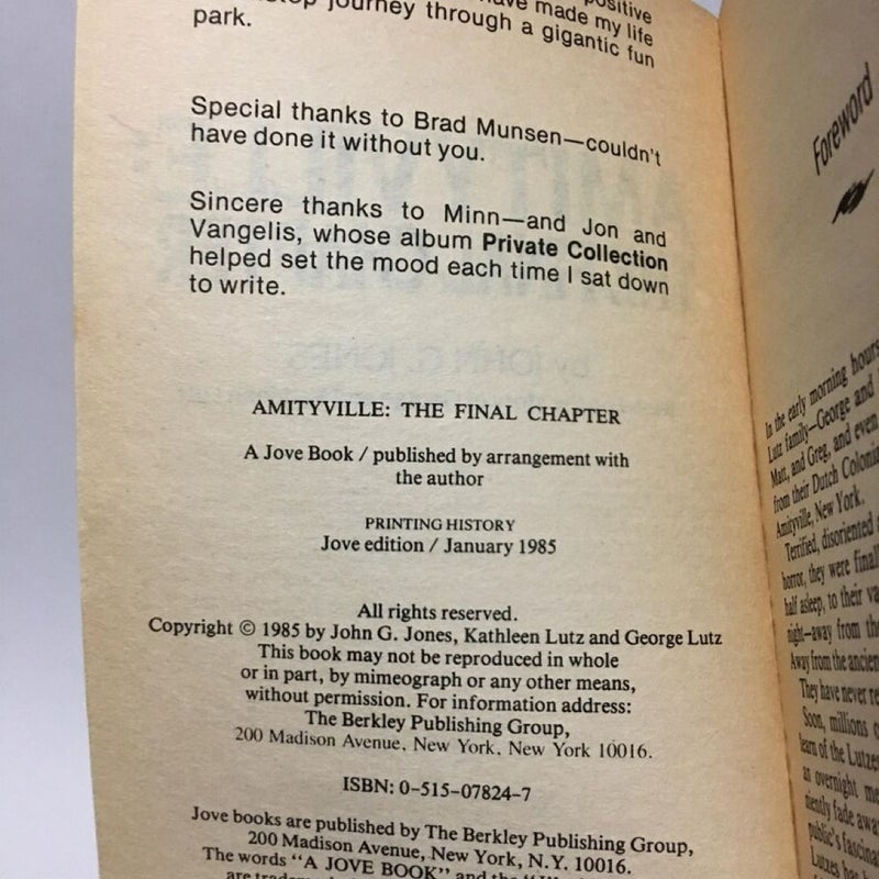 Amityville: The Final Chapter by John G. Jones 1985 Paperback & Bookmark Set