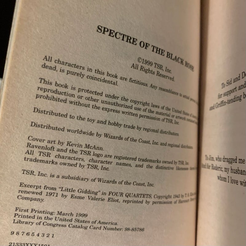 Ravenloft: Spectre of the Black Rose, First Edition First Printing