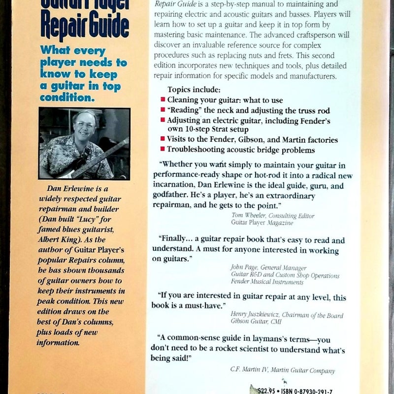 GUITAR PLAYER REPAIR GUIDE BY DAN ERLEWINE (1994) LARGE PAPERBACK BOOK - LIKE NEW!
