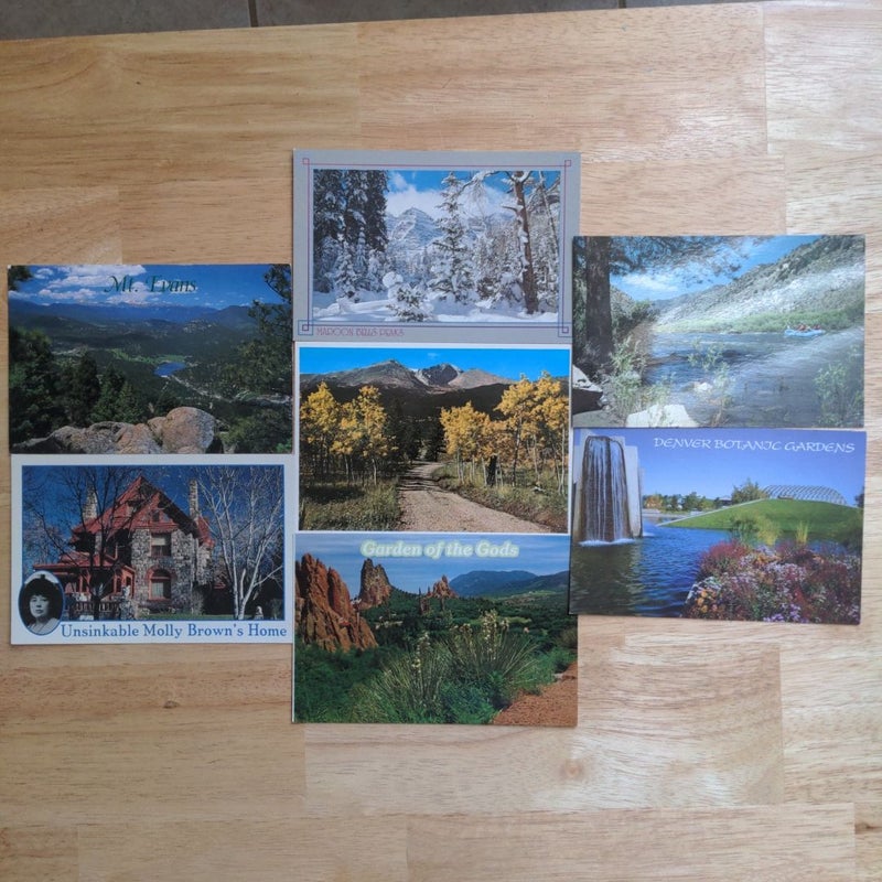 Postcards - Colorado (Set of 7) - Mt. Evans; Molly Brown's Home; Maroon Bells Peaks; Longs Peak; Garden of the Gods; Arkansas River; Denver Botanic Gardens 